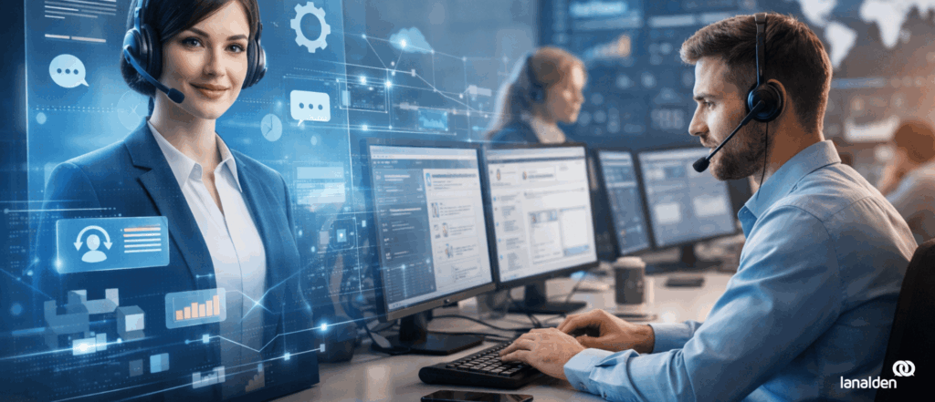 Agentes virtuales en un contact center moderno interactuando con clientes mediante pantallas y tecnología digital.