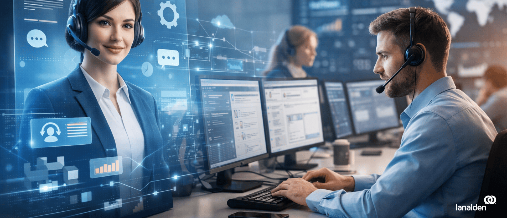 Agentes virtuales en un contact center moderno interactuando con clientes mediante pantallas y tecnología digital.