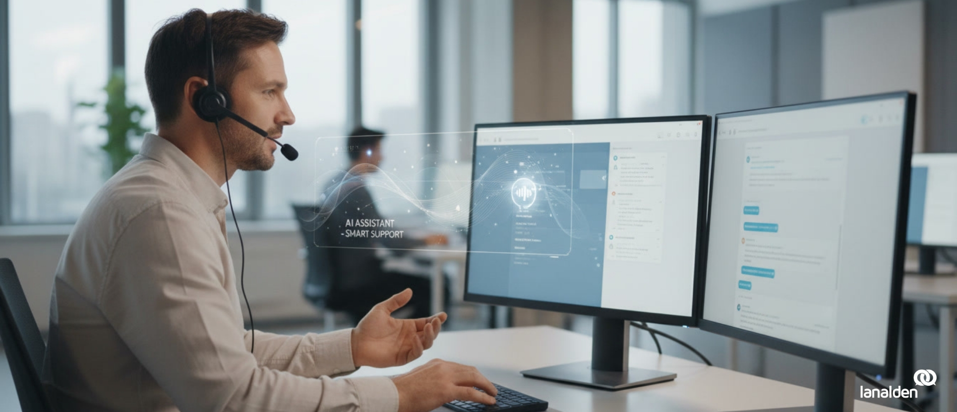 Agente humano de contact center utilizando IA conversacional como apoyo en la atención al cliente.