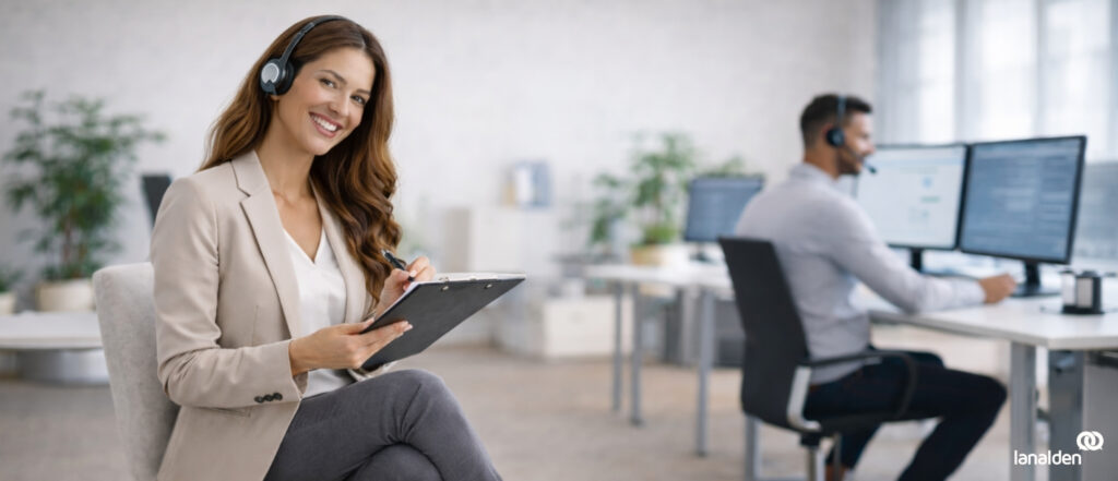 Profesional realizando mystery shopping en un contact center, evaluando la atención al cliente con checklist en oficina moderna.