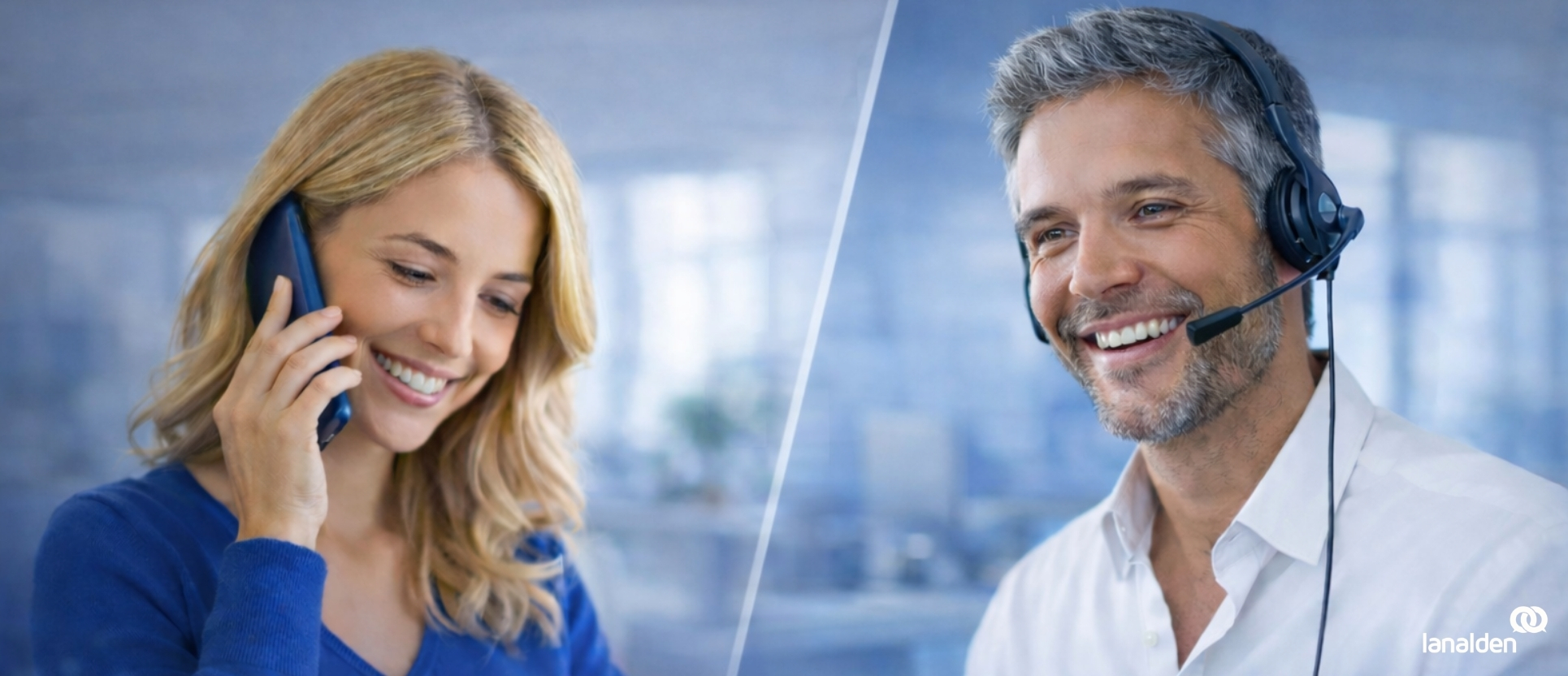 Experiencia de cliente en atención telefónica con agente de contact center y cliente hablando por teléfono