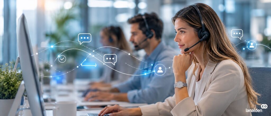 Equipo de atención al cliente utilizando un chatbot con IA en un entorno de contact center moderno.