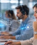 Equipo de atención al cliente utilizando un chatbot con IA en un entorno de contact center moderno.