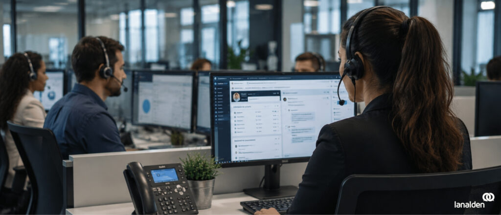 Agente de contact center atendiendo a un cliente frente a un ordenador en una oficina moderna.
