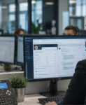 Agente de contact center atendiendo a un cliente frente a un ordenador en una oficina moderna.