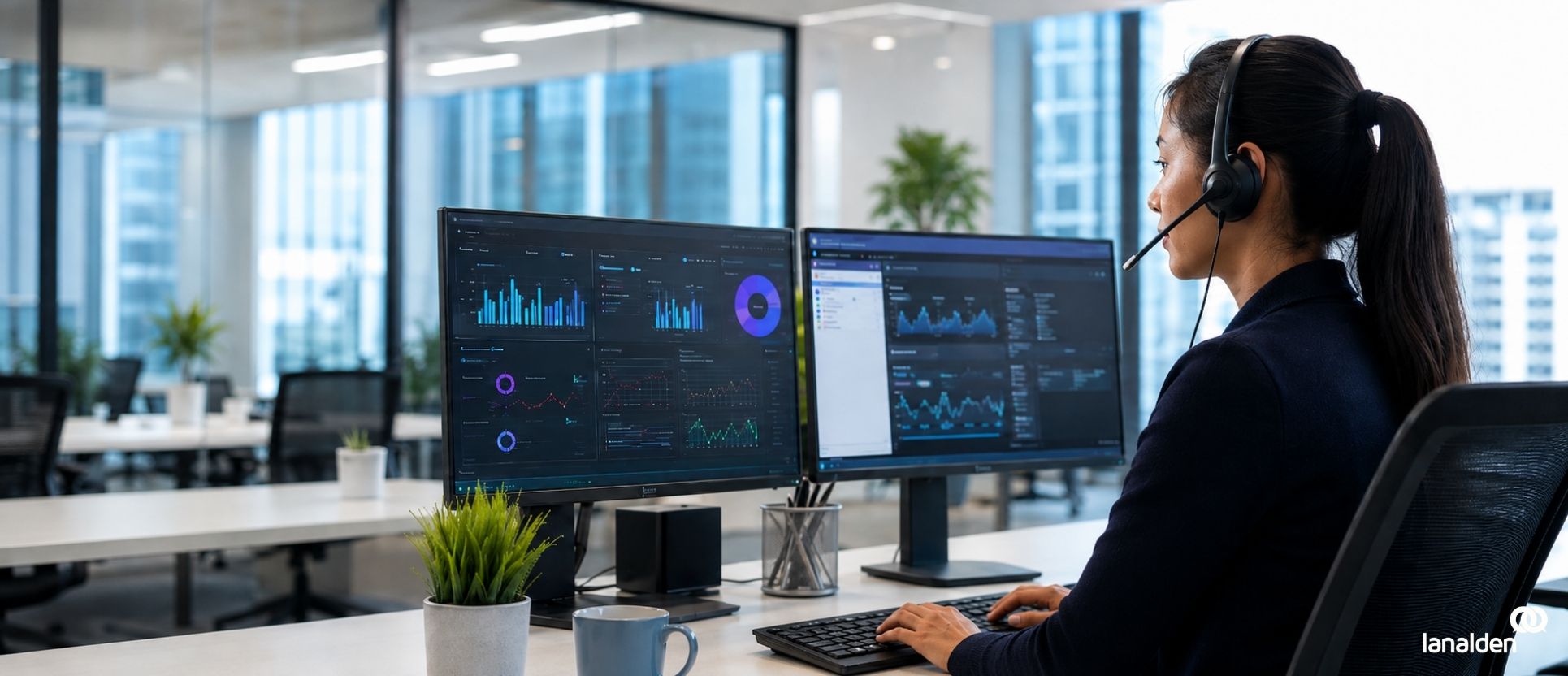 Profesional de contact center analizando indicadores de SLA y calidad del servicio en un entorno corporativo.