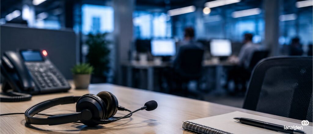 Auriculares y teléfono en una oficina de contact center con agentes al fondo.