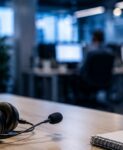Auriculares y teléfono en una oficina de contact center con agentes al fondo.
