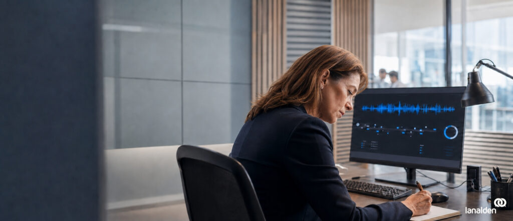 Profesional evaluando la calidad de una llamada en un contact center con apoyo de inteligencia artificial.