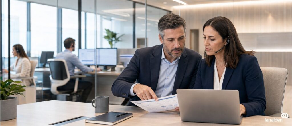 Profesionales revisando un servicio de outsourcing de atención al cliente en un contact center.