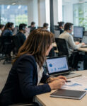 Responsables de contact center coordinando un servicio externalizado de atención al cliente en una oficina de Lanalden.