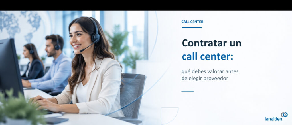 Profesional de call center Lanalden atendiendo una llamada de un cliente en la oficina de Bilbao.